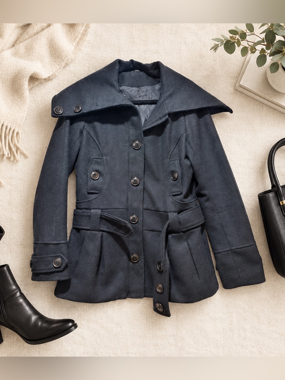 H&M Divided Belted Pea Coat Size 38 | Tailored Winter Coat Classic Double Breas